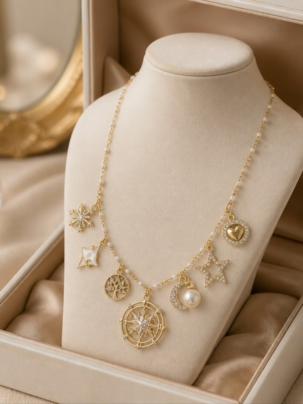 Gold Charm Pendant Necklace with Pearly and Star Charms - Women Jewelry
